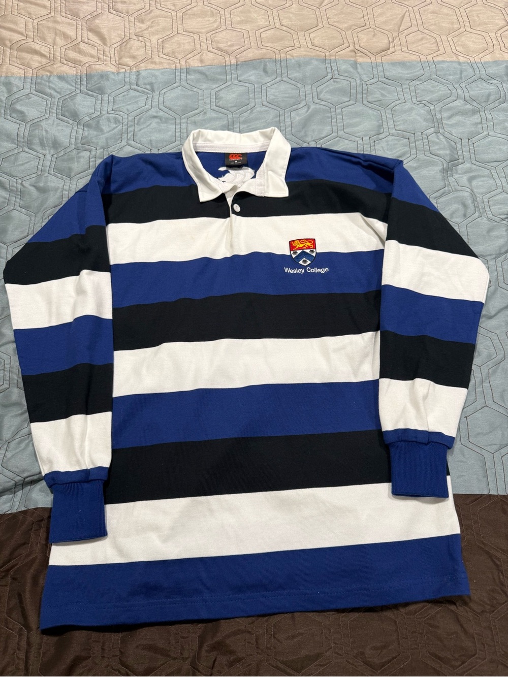 Canterbury Auckland Rugby Supporter Long Sleeve Striped Polo Shirt Men M Blue Wh